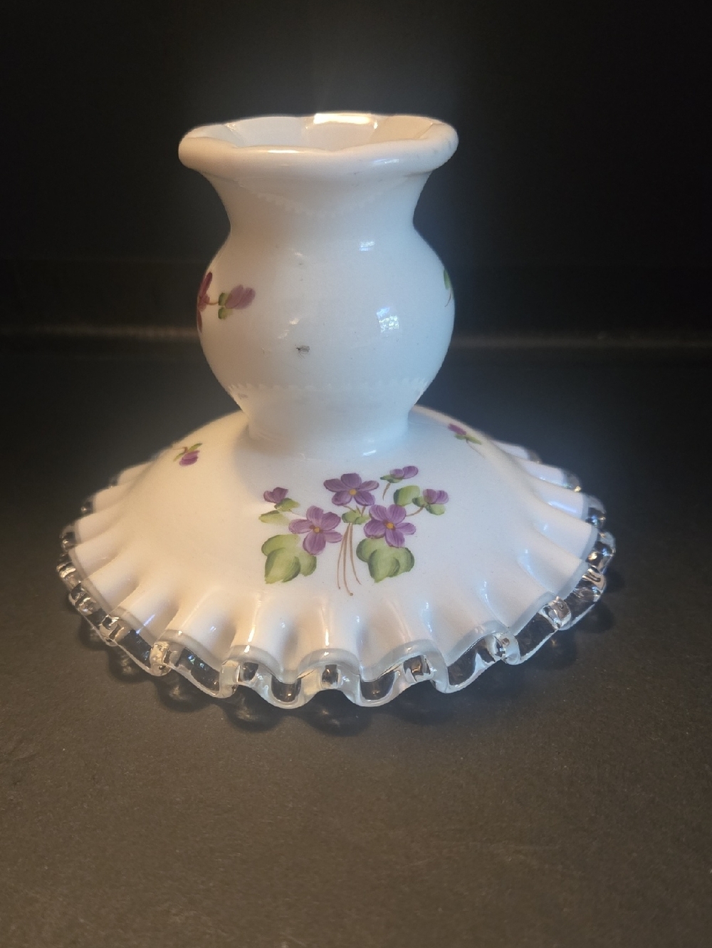Fenton White Milk  Glass Candlestick, Featuring "Violets In The Snow"